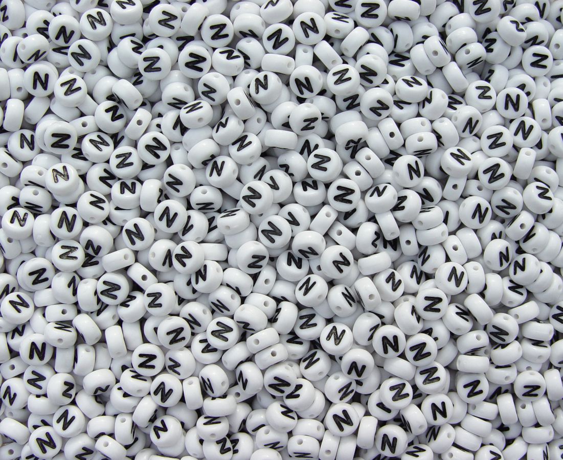 Letter N - 100pc 7mm Alphabet Beads White with Glossy Black