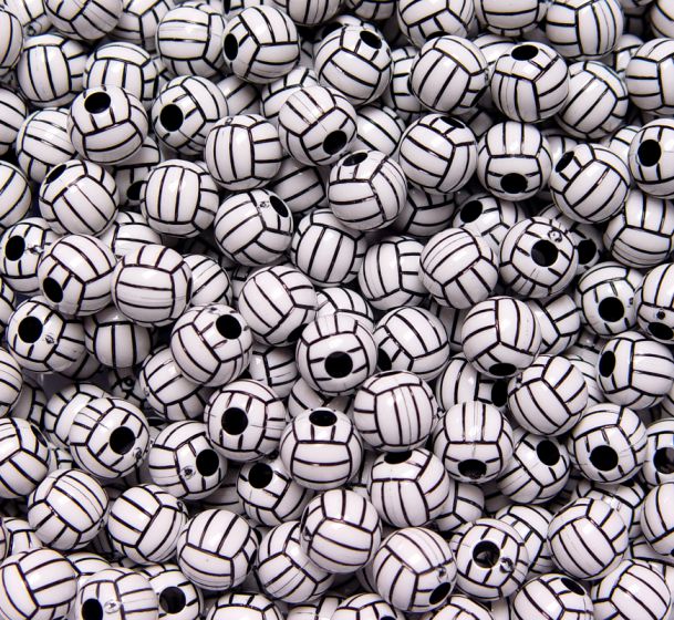 White Opaque 12mm Round Pony Beads - Colored Volleyball Design (48pcs)