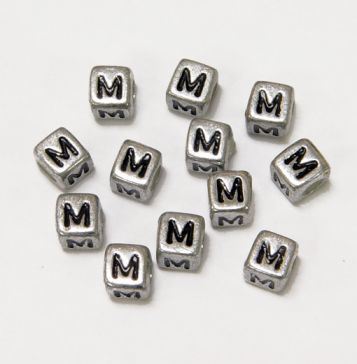 6mm Silver Metallic Alphabet Beads Black Letter 