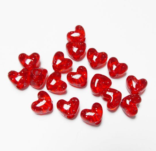 Transparent Ruby Red with Silver Glitter Heart Shaped Pony Beads