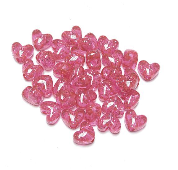 Transparent Bright Pink with Silver Glitter Heart Shaped Pony Beads